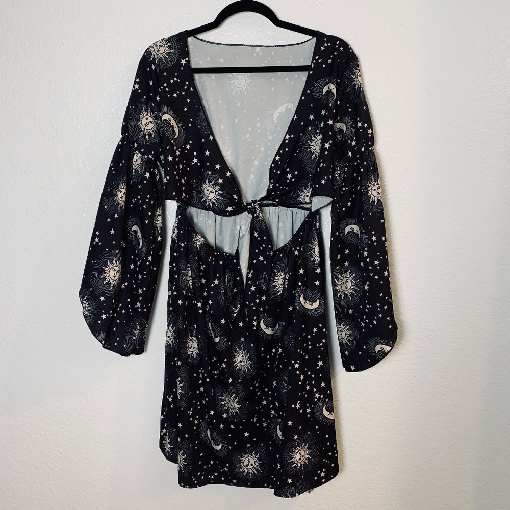 Romwe Mini Cut Out Dress Large NWT Black Stars Moon Celestial Sun Witchy Goth